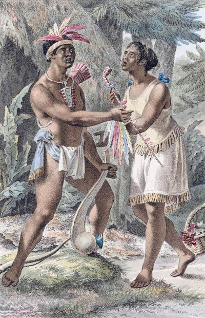Een Naudowessie-indiaans paar in hun dorp door Jacques (after) Kuyper