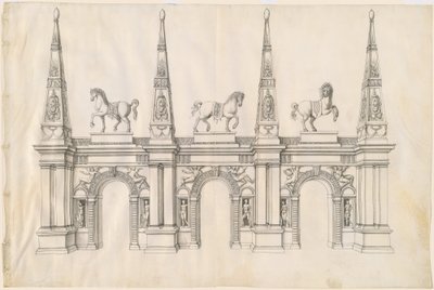 Een Triomfboog met Versierde Paarden en Gedecoreerde Pinnakels door Jacques Androuet Ducerceau I