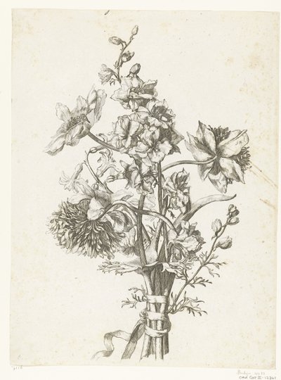 Boeket met anemonen, een hyacint en riddersporen door Jacques Bailly (I)