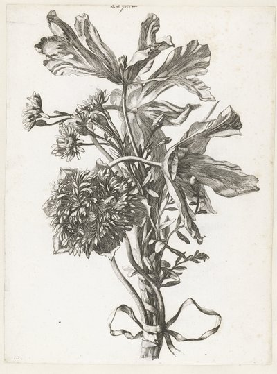 Boeket met uitgebloeide tulpen, een anemoon en immortellen door Jacques Bailly (I)