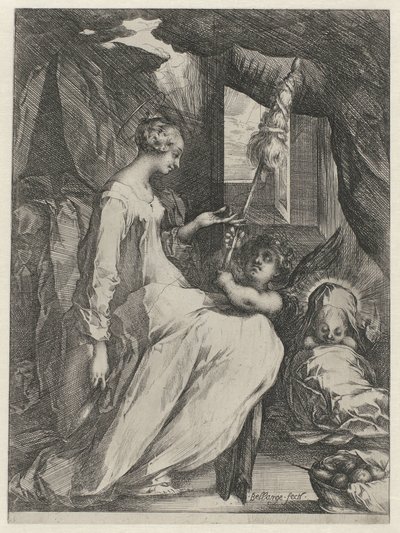 De Maagd Maria spint met het Christuskind en een engel door Jacques Bellange
