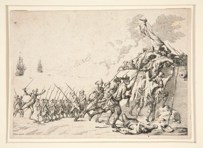Aanval op een fort vanaf de zee door Jacques Bertaux