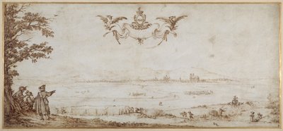Een uitzicht op Toul over de vlakte, landschap met figuren, de lucht met de wapens van Porcellets door Jacques Callot