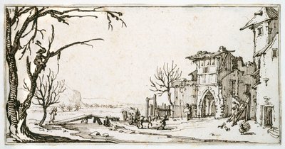 Een hooikar die naar de middeleeuwse poort van een dorp wordt gebracht, een man die een tak afkapt, uit een album van Israel Silvestre, ca. 1630 door Jacques Callot