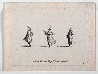 Een musicerende dame en twee cavaliers, van ... (gravure) door Jacques Callot