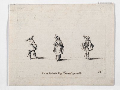 Een dame met een gepluimde hoed en twee cavaliers, van ... (gravure) door Jacques Callot