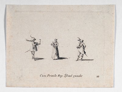 Een dame met een wijnfles en twee cavaliers, van ... (gravure) door Jacques Callot