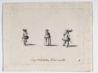 Een dame met gevouwen armen, en twee cavaliers, van ... (gravure) door Jacques Callot