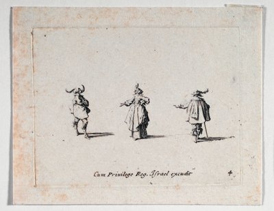 Een dame met uitgestrekte hand en twee cavaliers, van ... (gravure) door Jacques Callot