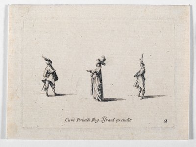 Een dame met gepluimde hoed en twee cavaliers, van ... (gravure) door Jacques Callot