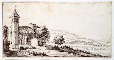 Een rivierlandschap dicht bij Nancy, met de kerk van het dorp Maxeville en een andere in de verte, uit een album van Israel Silvestre, ca. 1630 door Jacques Callot