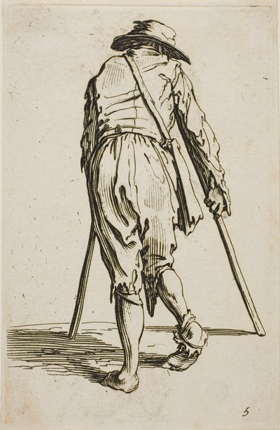 Bedelaar op krukken en met een hoed op, van achteren gezien, plaat vijf uit De bedelaars door Jacques Callot