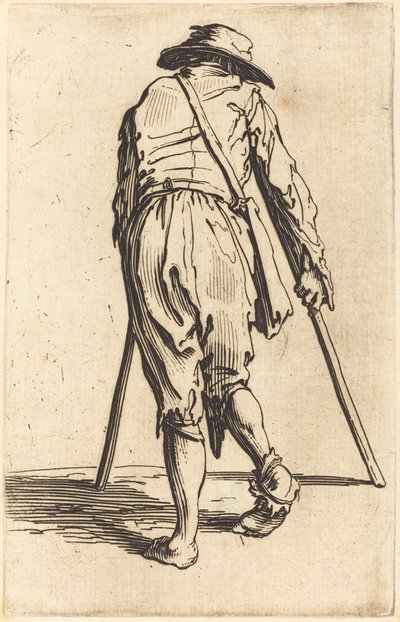 Bedelaar met krukken en hoed, achteraanzicht door Jacques Callot