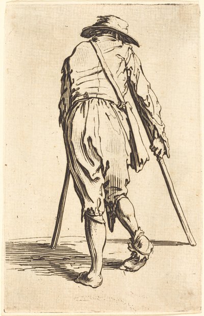 Bedelaar met krukken en hoed, achteraanzicht door Jacques Callot