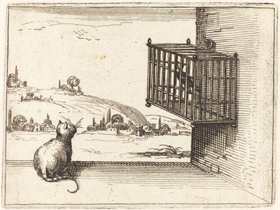 Kat die naar een Vogel in een Kooi Kijkt door Jacques Callot