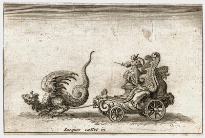 Strijd tegen de barrière: Een strijdwagen getrokken door een draak ... (gravure) door Jacques Callot