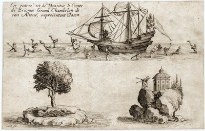 Combat a la barriere: de intocht van Monsieur le Comte de Brionne, Grand Chambellan van Zijne Hoogheid Karel IV van Lotharingen ... (gravure) door Jacques Callot