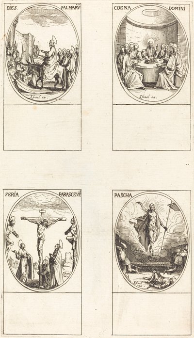 Intocht in Jeruzalem; Laatste Avondmaal; Kruisiging; Opstanding door Jacques Callot