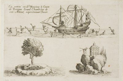 Intocht van M. le Comte de Brionne, Grootkamerheer van Zijne Hoogheid, die Jason vertegenwoordigt, uit Het gevecht bij de barrière door Jacques Callot