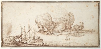 Fantastische rotsen, versterkt. Scheepvaart. Zeelieden bivakkeren in zicht van hun vaartuig (Le Grand Rocher) door Jacques Callot