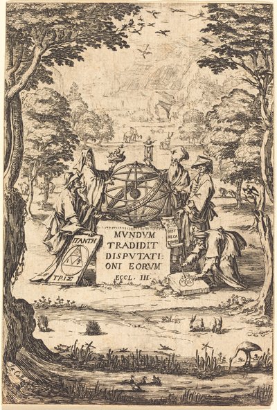 Frontispice voor de Heilige Cosmologia Titel met astrologen door Jacques Callot