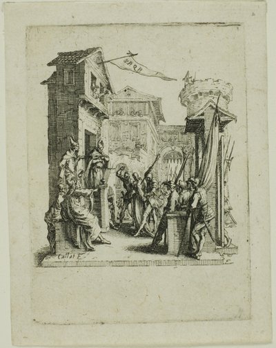 Jezus voor Kajafas, uit De Kleine Passie door Jacques Callot