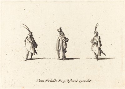Dame in lange mantel, en twee heren door Jacques Callot
