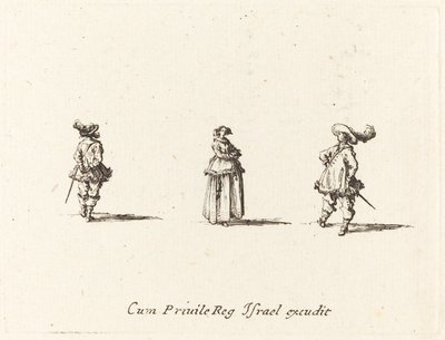 Dame met gevouwen armen en twee heren door Jacques Callot