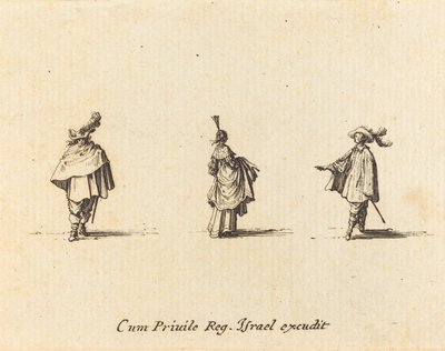 Dame met opgetrokken jurk, en twee heren door Jacques Callot