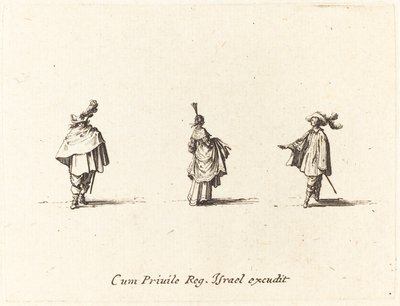 Dame met opgetrokken jurk en twee heren door Jacques Callot
