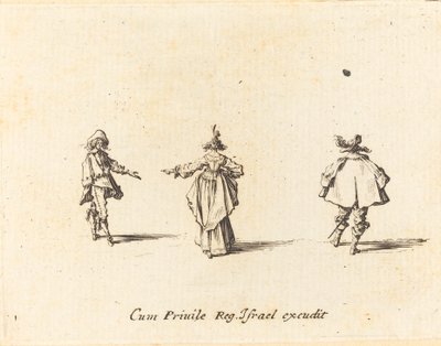 Dame met uitgestrekte arm, van achteren gezien, en twee heren door Jacques Callot