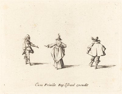 Dame met uitgestrekte arm, van achteren gezien, en twee heren door Jacques Callot