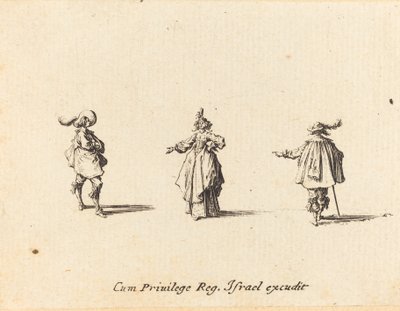 Dame met uitgestrekte arm en twee heren door Jacques Callot