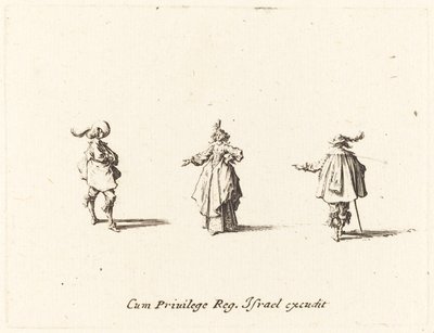 Dame met uitgestrekte arm en twee heren door Jacques Callot