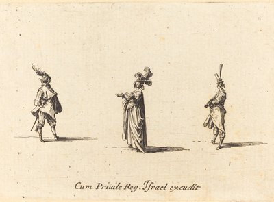 Dame met gevederde hoed en twee heren door Jacques Callot