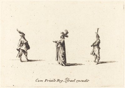 Dame met gevederde hoed en twee heren door Jacques Callot