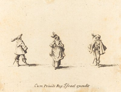 Dame met veren en twee heren door Jacques Callot