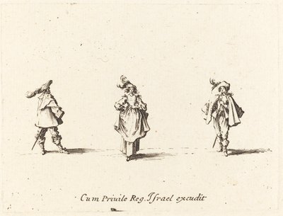 Dame met veren en twee heren door Jacques Callot