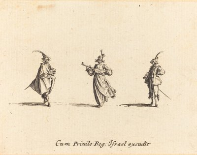 Dame met snaarinstrument en twee heren door Jacques Callot