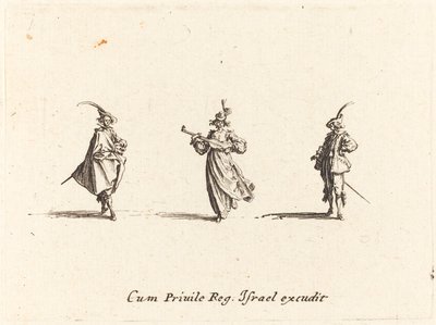Dame met snaarinstrument en twee heren door Jacques Callot