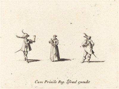 Dame met Wijnfles en Twee Heren door Jacques Callot