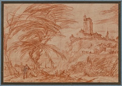 Landschaft, rechts auf einem Hügel ein großer Turm, links eine Baumgruppe und einige Figuren door Jacques Callot