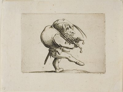 Man die een grill bespeelt als een viool, uit Varie Figure Gobbi door Jacques Callot