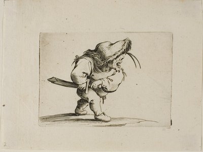 Man die zich voorbereidt om zijn zwaard te trekken, uit Varie Figure Gobbi door Jacques Callot