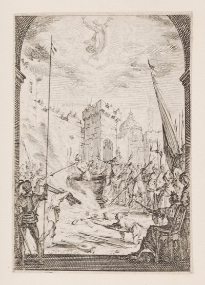 Martelaarschap van St. Johannes de Evangelist, nr. 2 uit Het Martelaarschap van de Apostelen door Jacques Callot