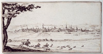 Nancy in de verte: hazewindhonden achtervolgen een haas door Jacques Callot
