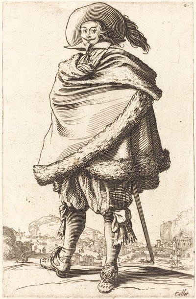 Edelman gewikkeld in een mantel met bont afgezet door Jacques Callot