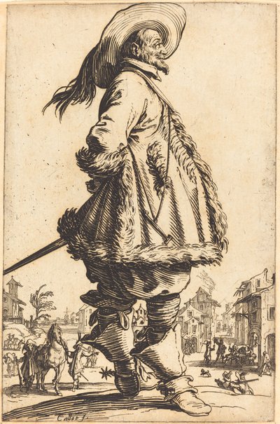 Edelman met Mantel Afgewerkt met Bont, Zijn Handen Achter Zijn Rug Houdend door Jacques Callot