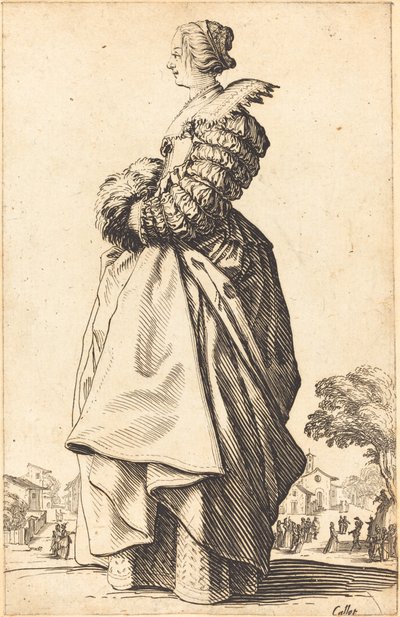 Adellijke vrouw in profiel met haar handen in een mof door Jacques Callot