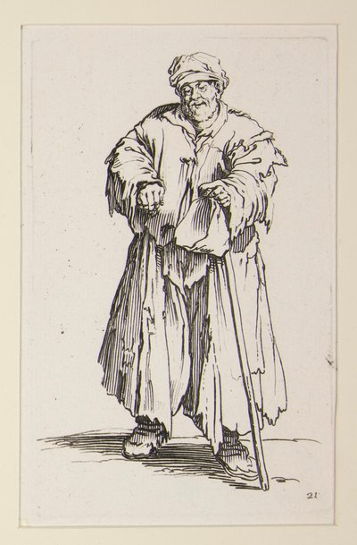Obese man met neergeslagen ogen, uit de Bedelaars (Le mendiant obese aux yeux baisses) door Jacques Callot